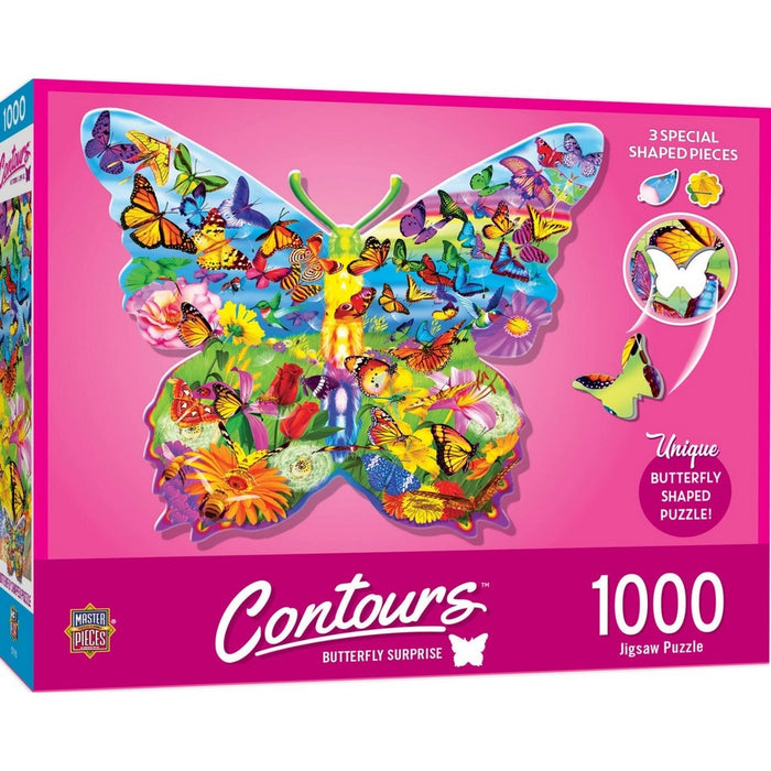 Box of Contours 1000-piece butterfly-shaped jigsaw puzzle with colorful butterflies on a pink background.