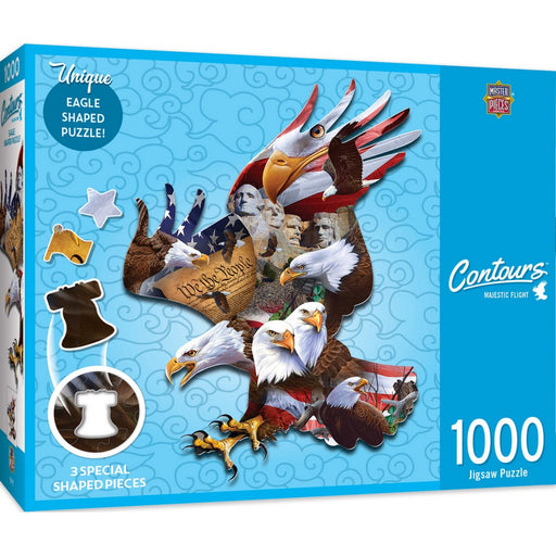Jigsaw puzzle box with eagle-themed design and 'Contours' branding