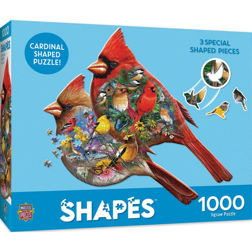 Cardinal shaped puzzle box with birds and flowers on a blue background