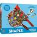 Cardinal shaped puzzle box with birds and flowers on a blue background