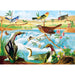 Illustration of various birds and wildlife around a pond with trees and flowers.