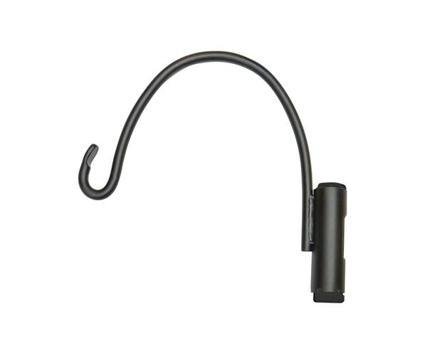 Black metal hook on a white background