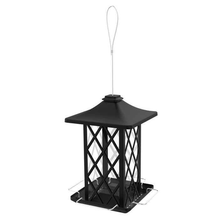 Black bird feeder with lattice design on a white background