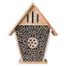 Wooden bee house with circular holes on a white background