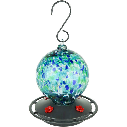 Colorful glass hummingbird feeder with a hook on a white background