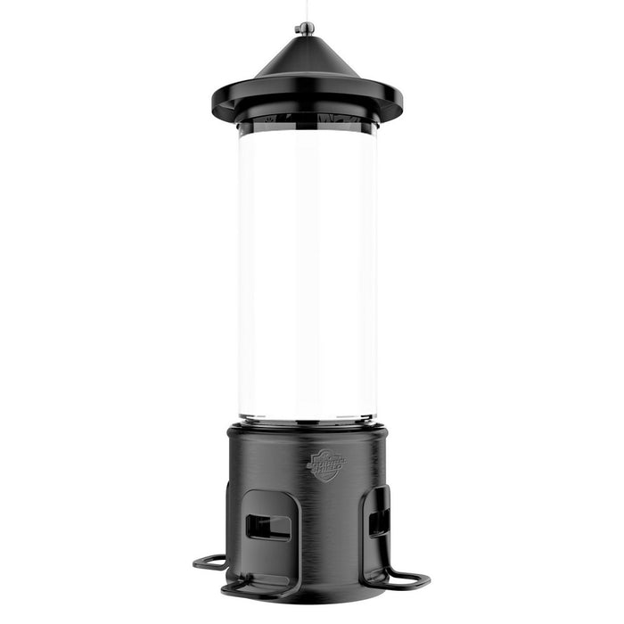Black bird feeder on a white background