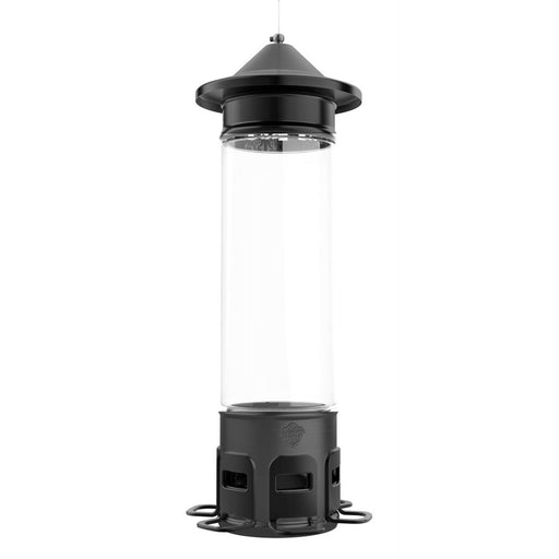 Black bird feeder with clear cylindrical container on a white background