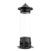 Black bird feeder with clear cylindrical container on a white background