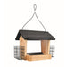 Wooden bird feeder with black roof and wire mesh compartments on a white background