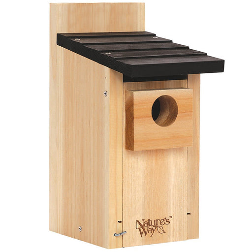 Wooden birdhouse with a black roof on a white background, featuring the 'Nature's Way' brand.