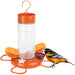 Bird feeder with oranges and jelly, featuring a bird on a white background