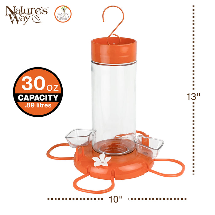 Orange and clear hummingbird feeder with measurements and capacity details on a white background