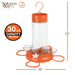 Orange and clear hummingbird feeder with measurements and capacity details on a white background