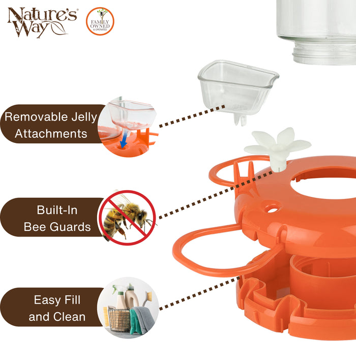 An orange bee feeder with a white flower attachment and clear plastic hopper, shown on a white background with feature callouts and inset images. The Nature's Way Family Feeder logo appears in the top left.