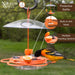 Bird feeder with protective baffle, built-in ant moat, and multiple feeding options on a green background.