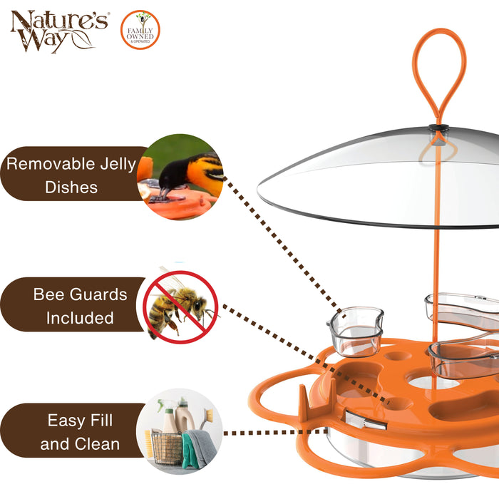 Orange bird feeder with features highlighted, including removable jelly dishes, bee guards, and easy fill and clean design.
