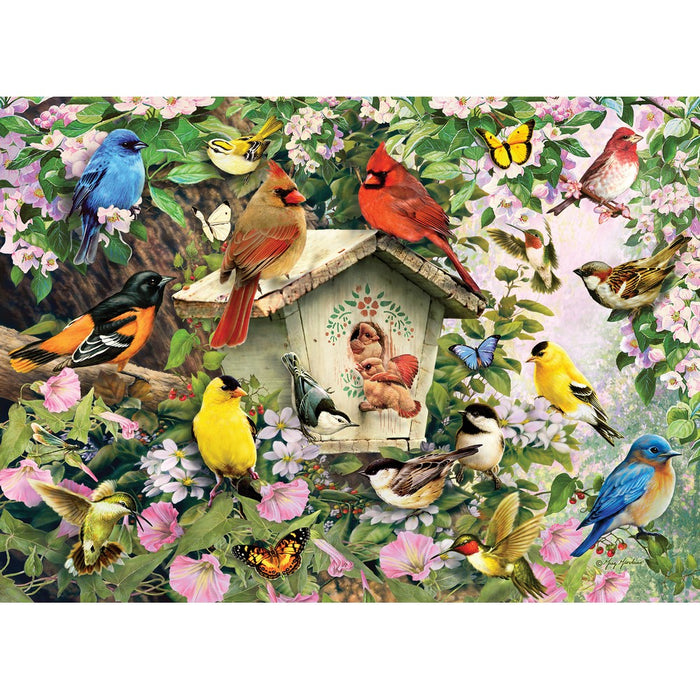 Colorful birds around a birdhouse with flowers and butterflies