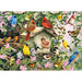 Colorful birds around a birdhouse with flowers and butterflies