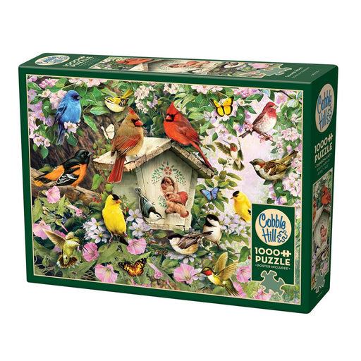 Cobble Hill 1000-piece puzzle box with bird-themed design on a white background