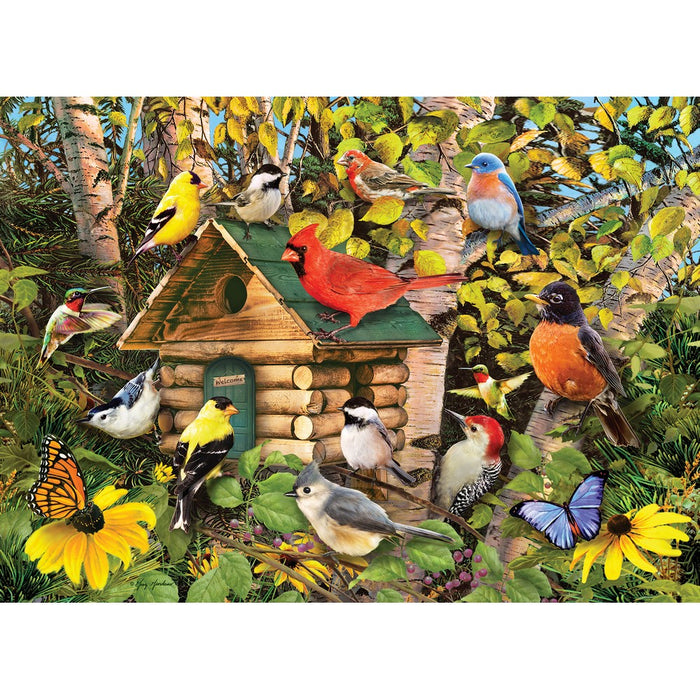 Colorful illustration of birds around a birdhouse with flowers and butterflies.