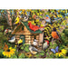Colorful illustration of birds around a birdhouse with flowers and butterflies.