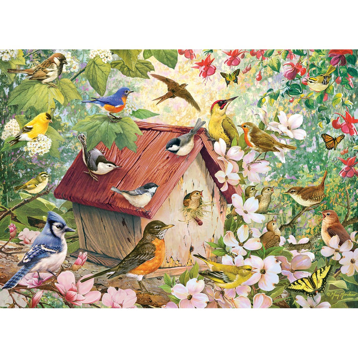 Colorful illustration of birds around a birdhouse with flowers and leaves.