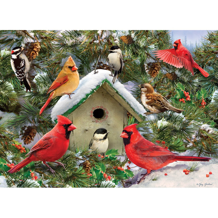 Birds around a birdhouse in a snowy forest
