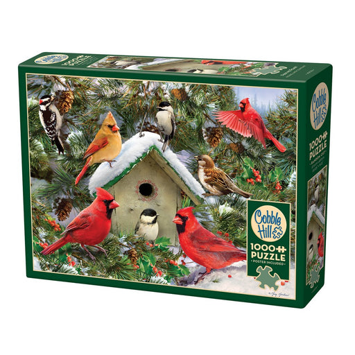 Cobble Hill puzzle box with birds and a birdhouse on a snowy branch
