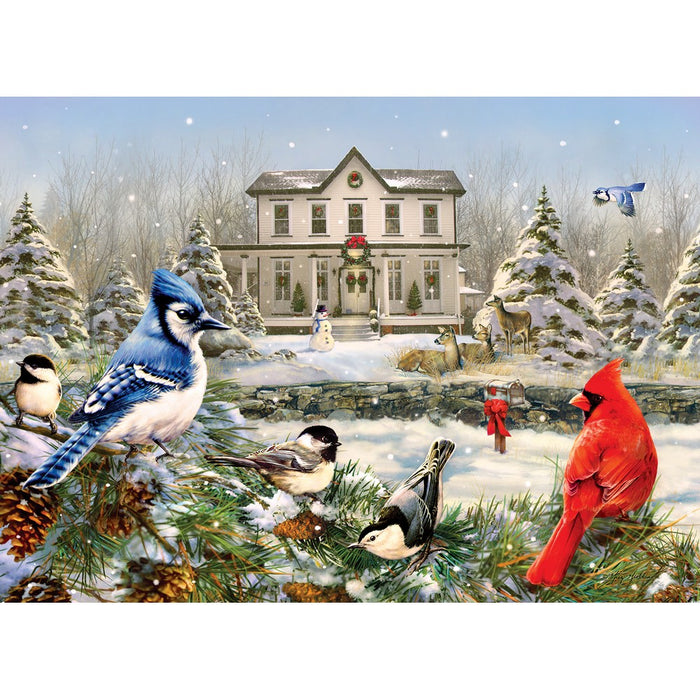 Winter scene with birds and a house in the background
