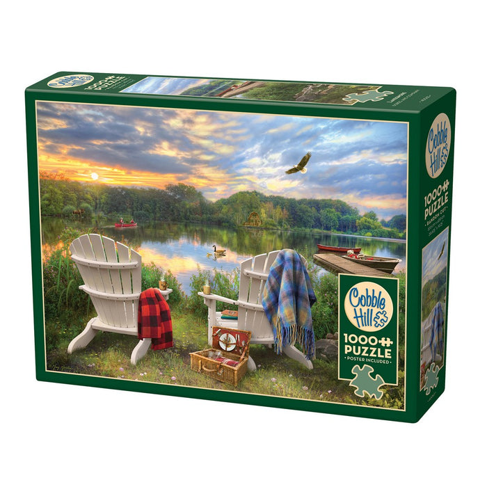 Cobble Hill puzzle box with Adirondack chairs by a lake