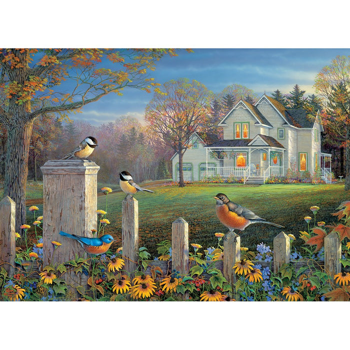Painting of a house with birds and flowers in a garden