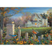 Painting of a house with birds and flowers in a garden