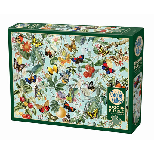 Jigsaw puzzle box with butterfly and floral design on a white background