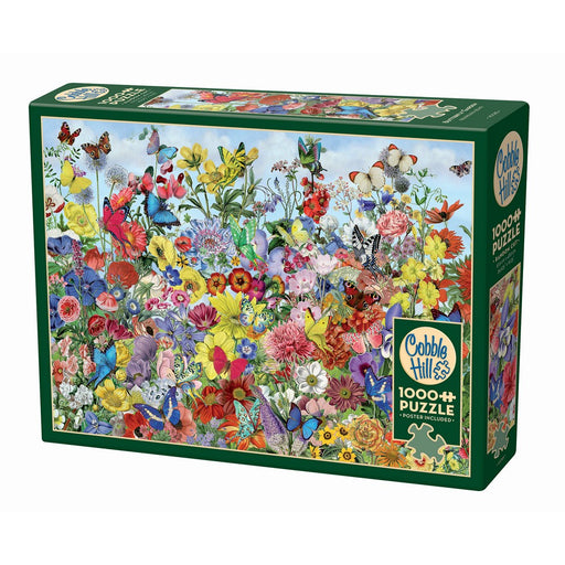 Cobble Hill 1000-piece puzzle box with colorful floral and butterfly design on a white background