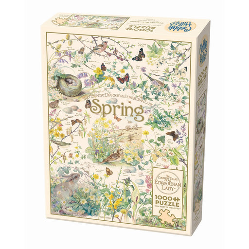 Jigsaw puzzle box with spring-themed design on a white background