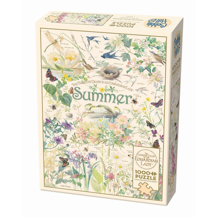 Jigsaw puzzle box with summer-themed design featuring flowers, birds, and butterflies on a white background.