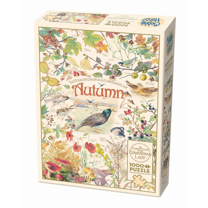 Jigsaw puzzle box with autumn-themed design featuring birds and leaves.