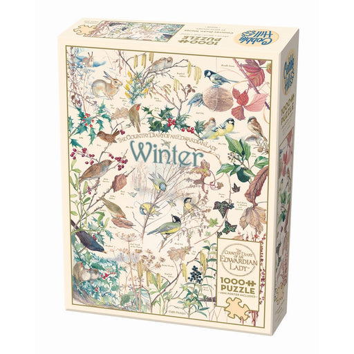 Jigsaw puzzle box with winter-themed design featuring birds and nature elements.