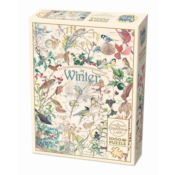 Jigsaw puzzle box with winter-themed design featuring birds and nature elements.