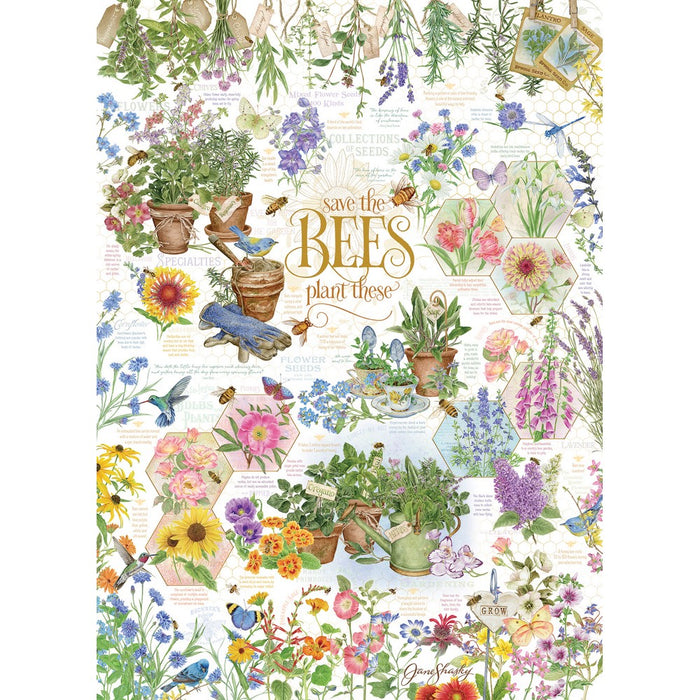 Illustration of plants and flowers with text 'Save the Bees, Plant These' on a white background.