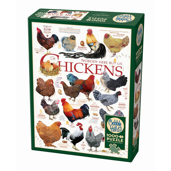 Cobble Hill puzzle box featuring illustrations of chickens on a white background