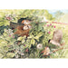 Illustration of birds around a nest in a natural setting with leaves and flowers.