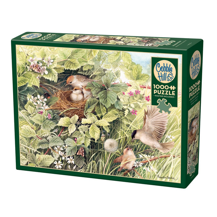 Jigsaw puzzle box featuring birds and a nest on a green background