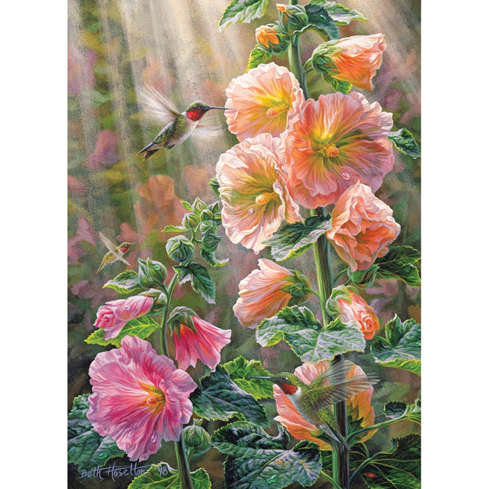 Painting of pink flowers with a hummingbird in a garden setting