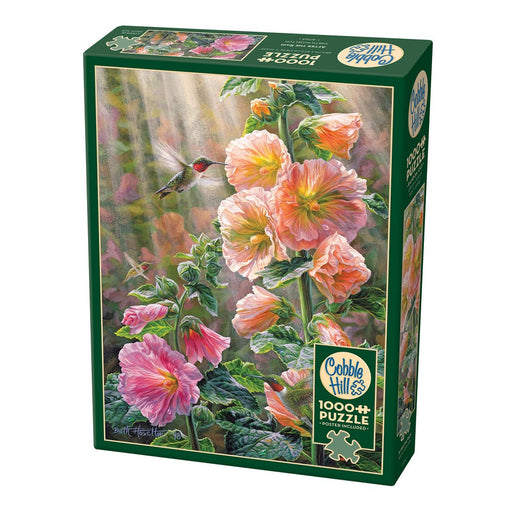 Cobble Hill puzzle box with pink flowers and a hummingbird on a white background