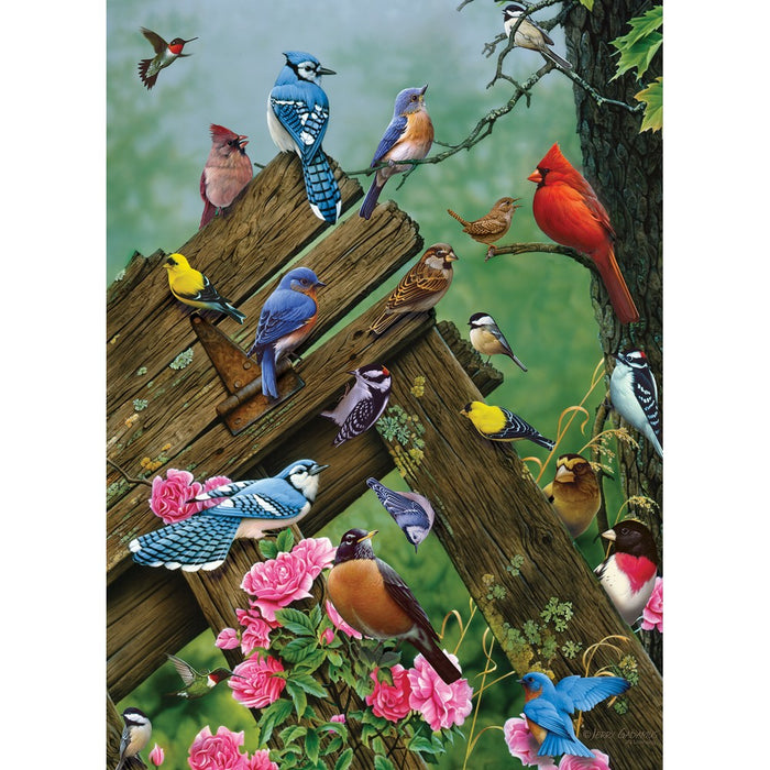 Illustration of various birds on a wooden structure with flowers
