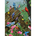 Illustration of various birds on a wooden structure with flowers