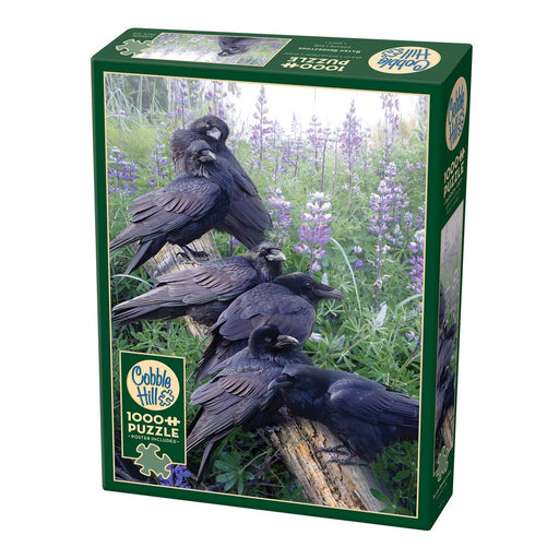 Jigsaw puzzle box with crows and flowers on a white background