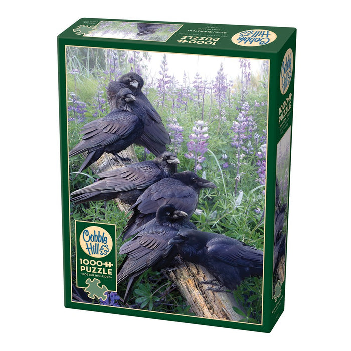 Jigsaw puzzle box with crows and flowers on a white background