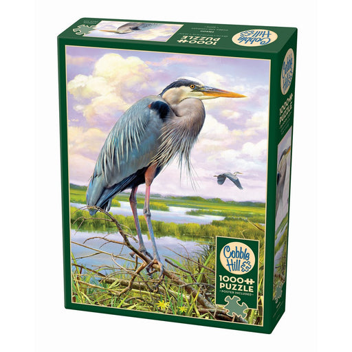 Cobble Hill puzzle box with a heron on a branch against a scenic background